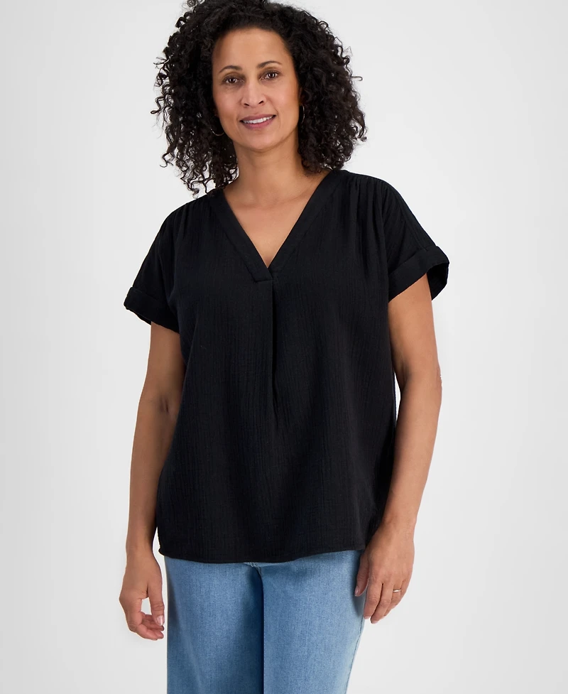 Style & Co Women's Cotton Gauze V-Neck Short-Sleeve Top, Exclusively at Macy's