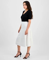 Ak Anne Klein Petite Textured Three-Tiered Pull-On Midi Skirt