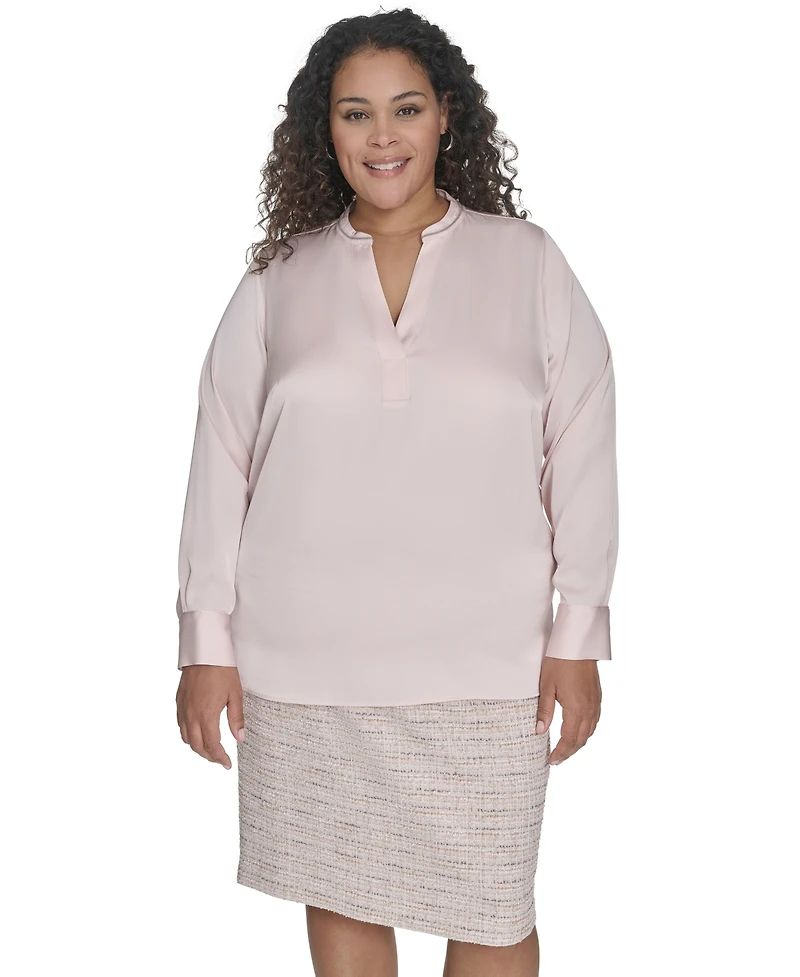 Calvin Klein Plus Solid Charmeuse Split-Neck Blouse