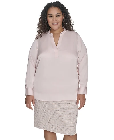 Calvin Klein Plus Solid Charmeuse Split-Neck Blouse