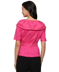 Alex Evenings Women's Elbow-Sleeve Stretch Tie-Waist Collared Taffeta Blouse