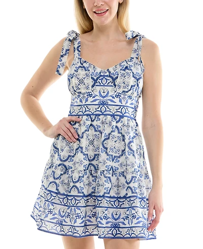 Trixxi Juniors' Cotton Santorini Tie-Strap Smock-Back Mini Dress