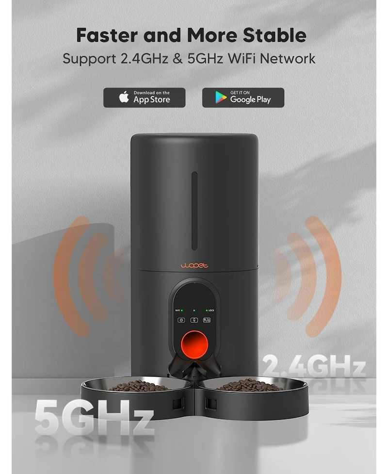 Automatic Cat Gog Feeder, 5G WiFi Pet Feeder for Two Cats or Dogs with Remote Control, 6L Cat Food Dispenser with Low Food Sensor, 1-10 Meals Per Day,