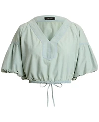Lauren Ralph Women's Chambray Cropped Bubble-Sleeve Blouse