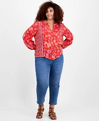 Liverpool Plus Printed Blouson-Sleeve Button-Front Blouse