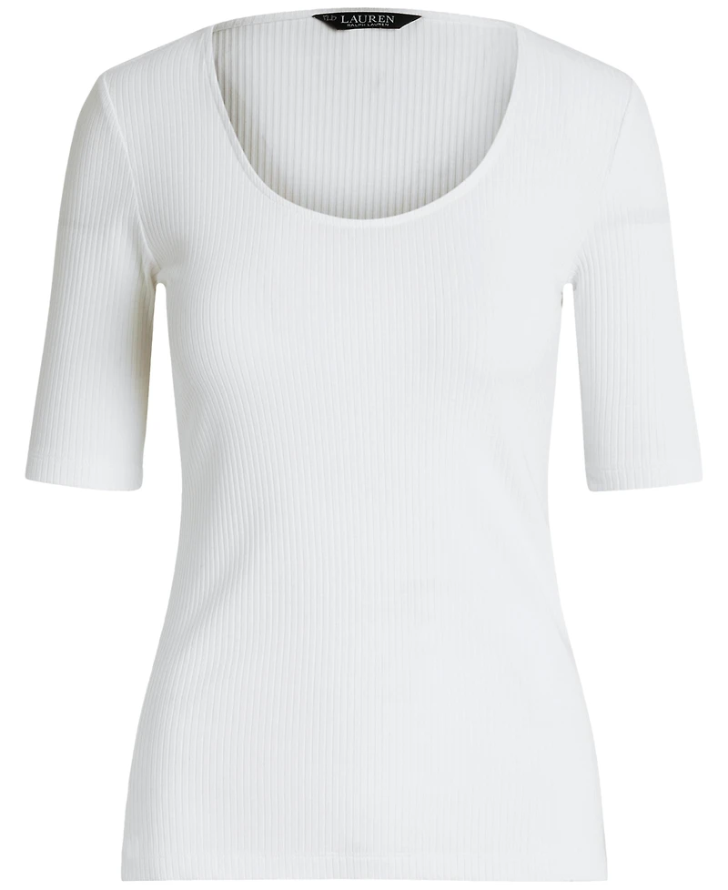 Lauren Ralph Women's Rib-Knit Cotton-Blend Elbow-Sleeve Tee