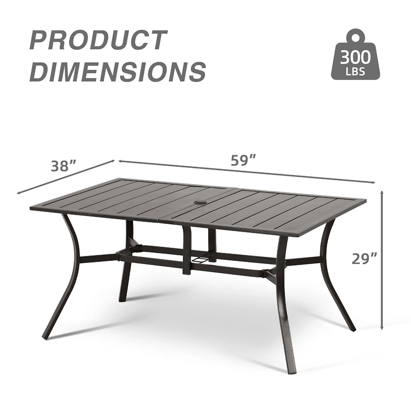 Aoodor Patio Dining Table for 6 People, 59"L x 38"W Rectangular Metal Outdoor Dining Table with Adjustable Umbrella Hole