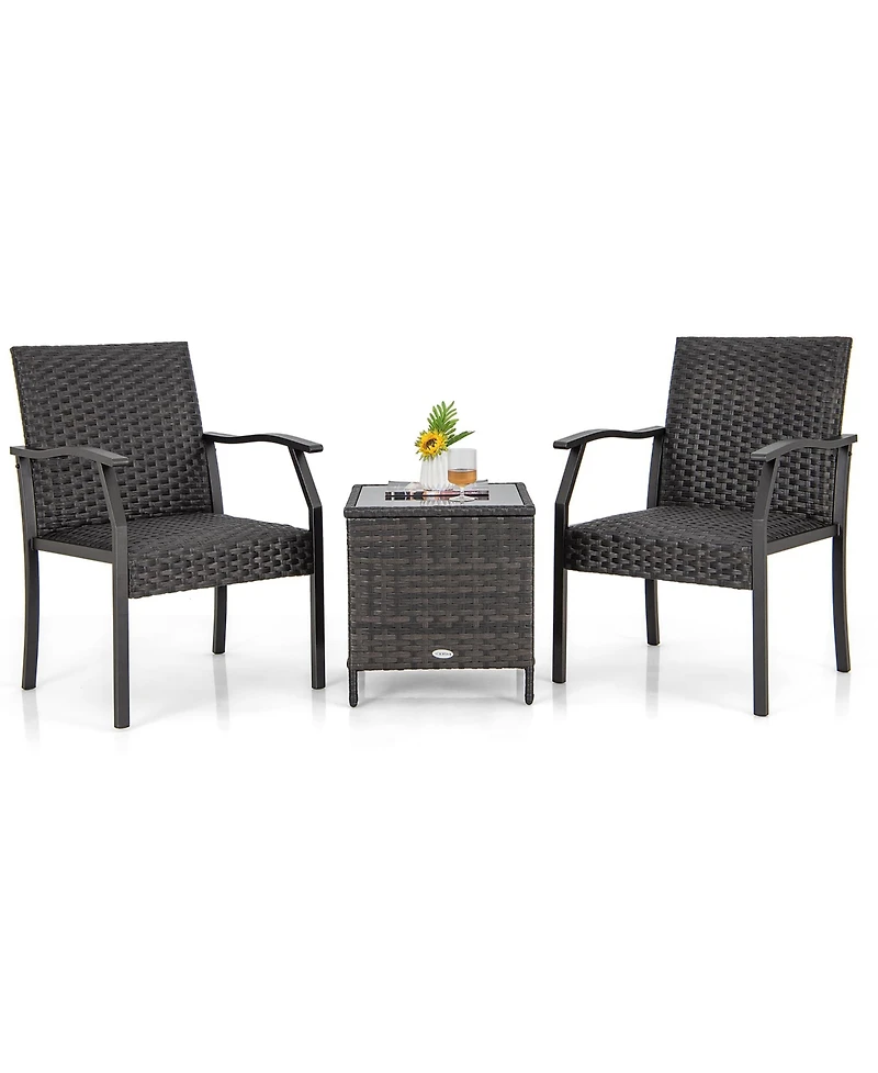 Gymax 3 Piece Patio Weather Resistant Conversation Set Wicker Chair w/ Quick Dry Foam Tempered Glass Table