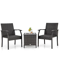 Gymax 3 Piece Patio Weather Resistant Conversation Set Wicker Chair w/ Quick Dry Foam Tempered Glass Table