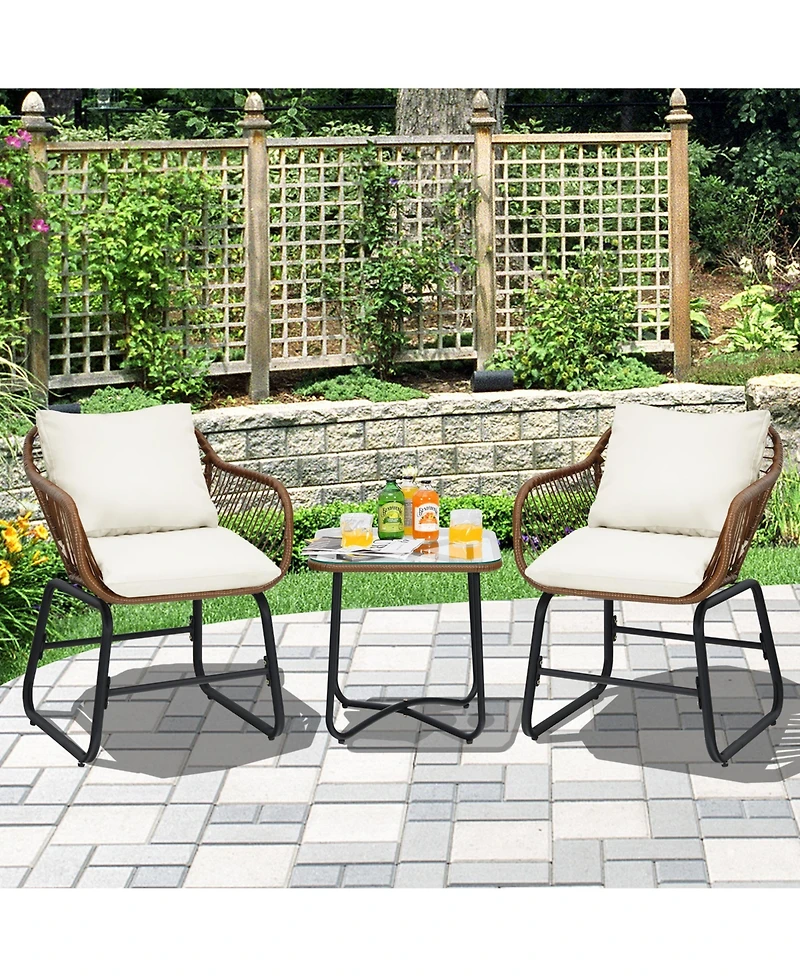 Gymax 3 Piece Patio Conversation Furniture Set Outdoor Bistro Set w/ Cushions