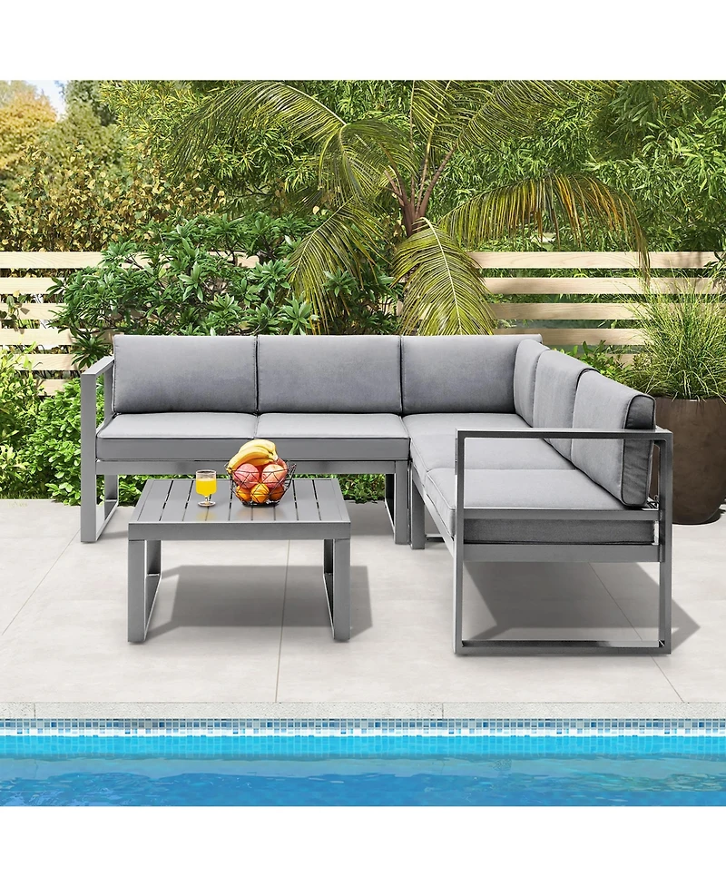 Gymax 4 Piece Aluminum Patio Furniture Set Outdoor Conversation Set w/ Coffee Table & Cushions