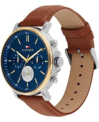Tommy Hilfiger Men's Multifunction Brown Leather Strap Watch, 44mm