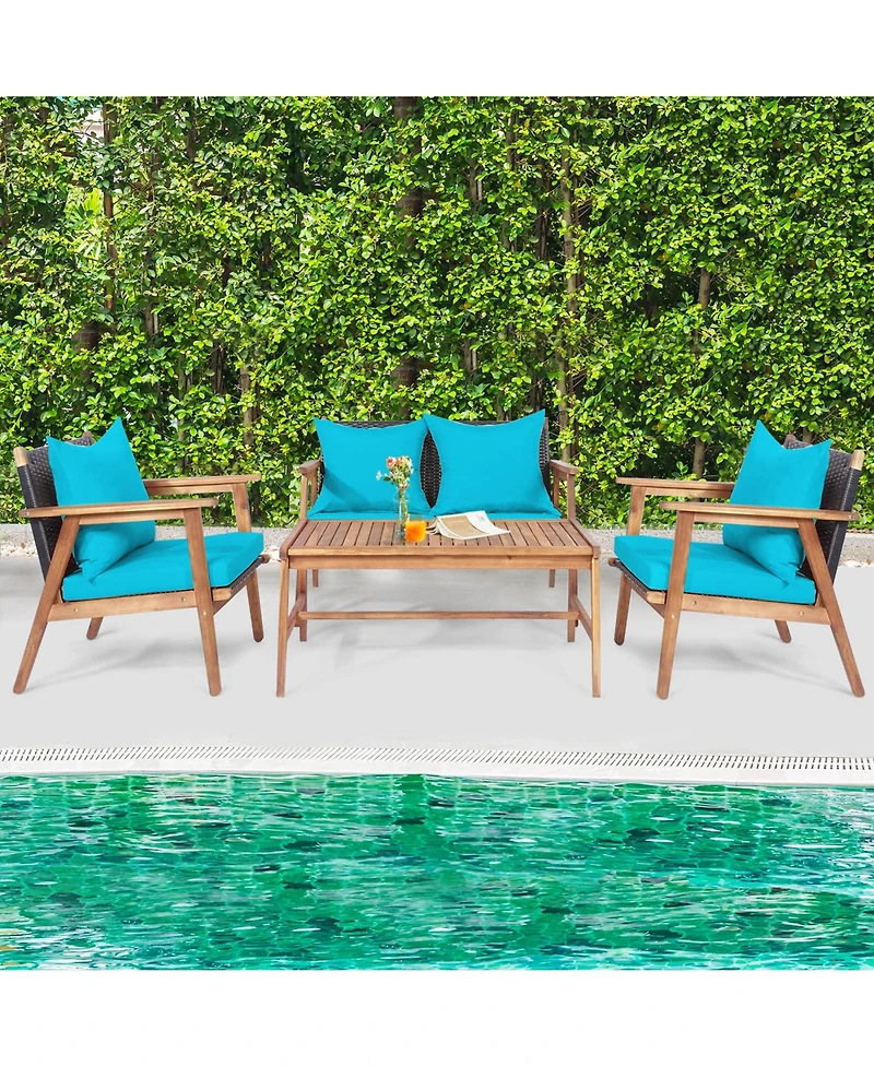 Gymax 4 Piece Patio Conversation Set Outdoor Furniture Set w/ Cushions