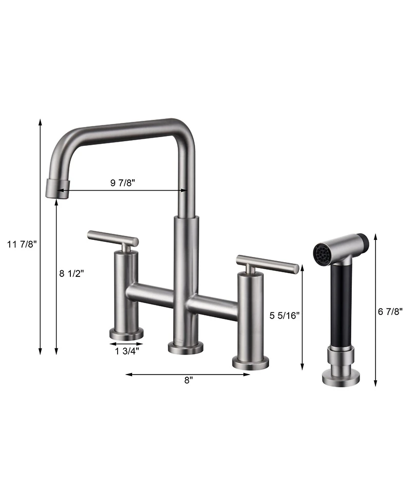 Bridge Kitchen Faucet with Side Sprayer Matte Black 8 Inch Double Handle Widespread Stainless Steel Sink