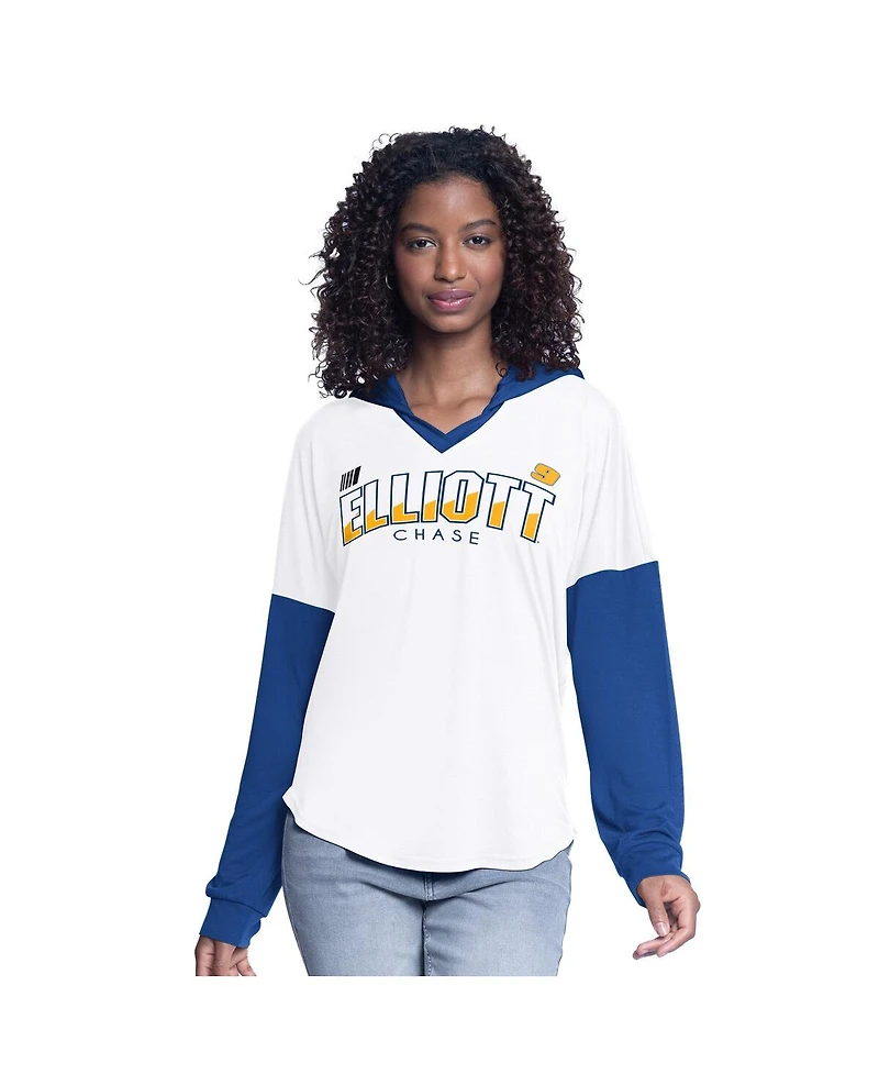 G-iii 4Her by Carl Banks Women's White/Royal Chase Elliott Bench Player Oversized Long Sleeve Hoodie V-Neck T-Shirt