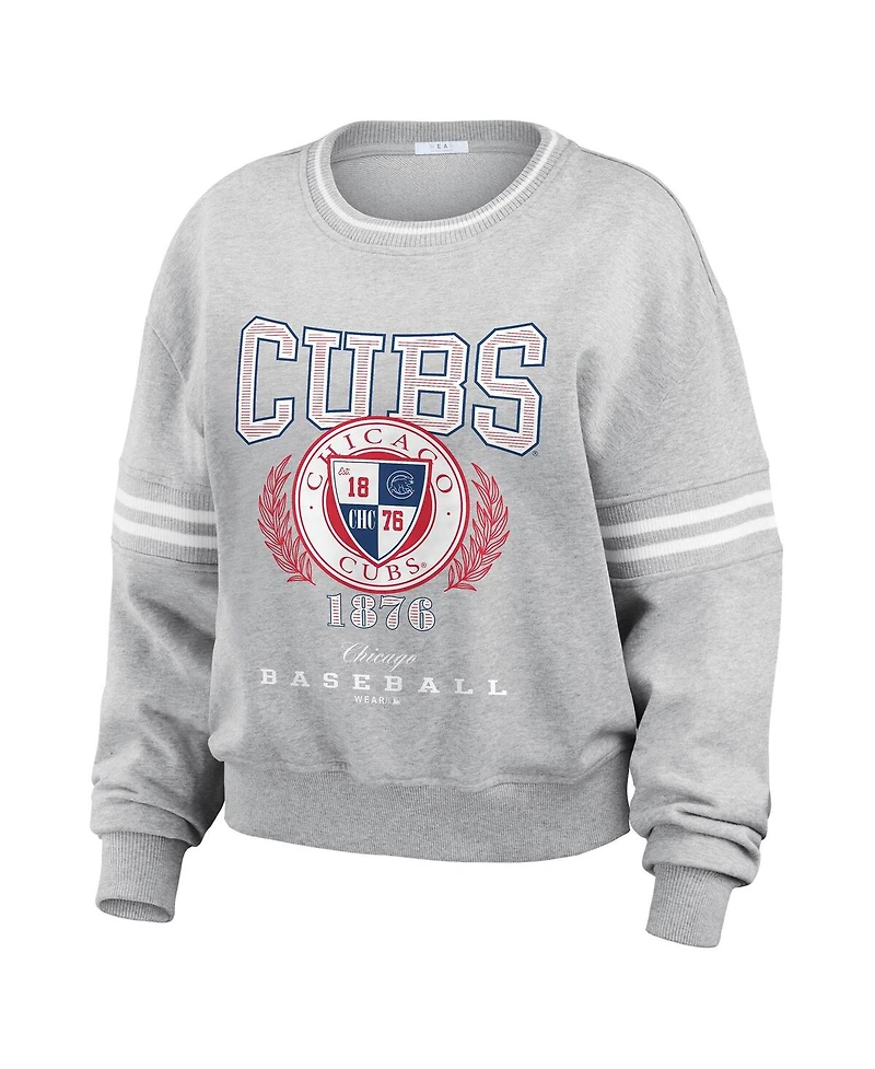 Wear by Erin Andrews Women's Heather Gray Chicago Cubs Domestic Crest Pullover Sweatshirt