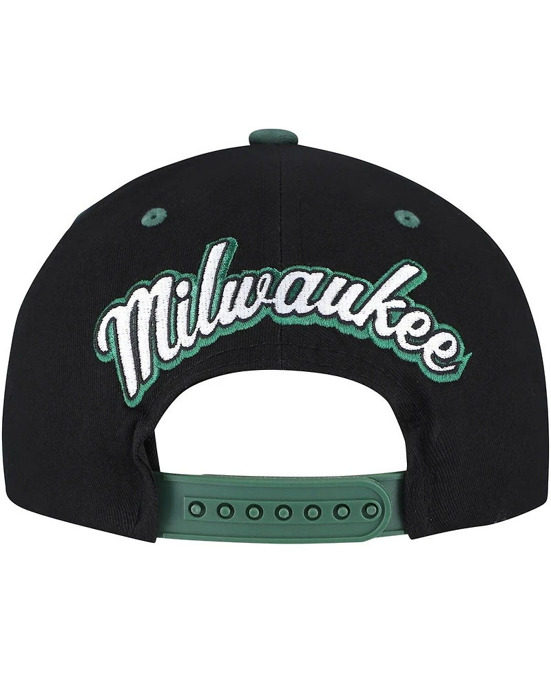 Mitchell & Ness Men's Black/Hunter Green Milwaukee Bucks Backside Script Two-Tone Pro Crown Adjustable Hat