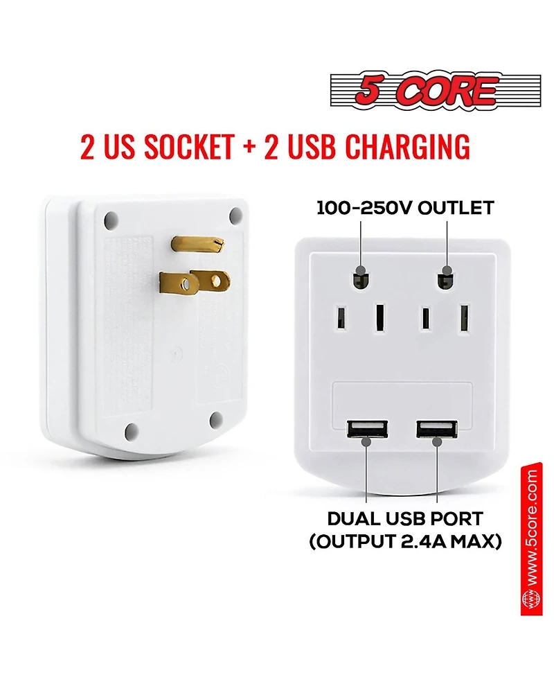 5 Core European Travel Plug Adapter, International Power Plug w/ 2 Usb, 2 Outlet Surge Protector Adaptor Charger