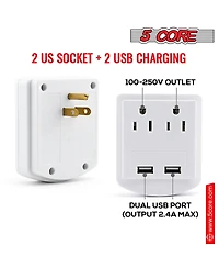 5 Core European Travel Plug Adapter, International Power Plug w/ 2 Usb, 2 Outlet Surge Protector Adaptor Charger