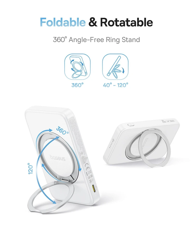 Baseus Qi2 Magnetic Power Bank 20W MagSafe Portable Charger 5000mAh Bracket Battery Pack with 360°Rotatable Ring Stand PicoGo