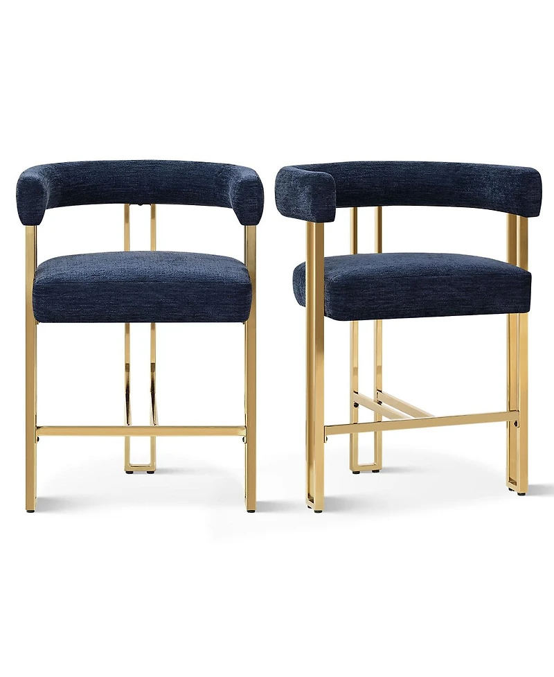 Set of 2 Counter Height Stools, 25" Upholstered Chairs with Gold Metal Legs, Curved Back & Armrests-Maison Boucle