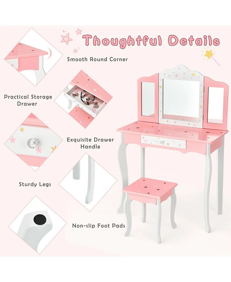 Kids Princess Vanity Table and Stool Set with Tri-folding Mirror and Drawer
