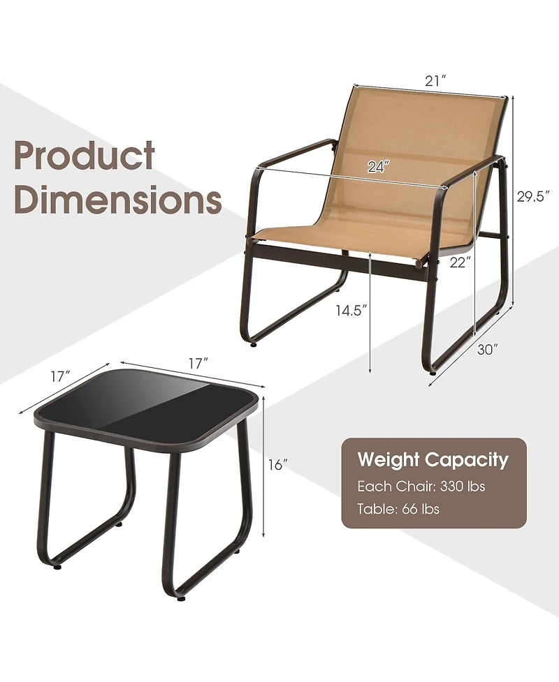 3 Pieces Patio Conversation Set Outdoor Metal Chair & Table Tempered Glass Top