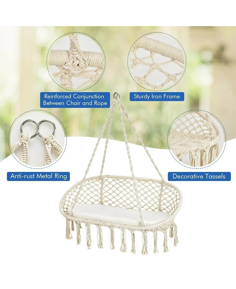 Gouun 2 Person Hanging Hammock Chair with Cushion Macrame Swing