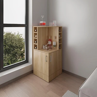 norwich Bar Cabinet, 2 Doors, 8 Wine Bottle Compartments, Natural Oak