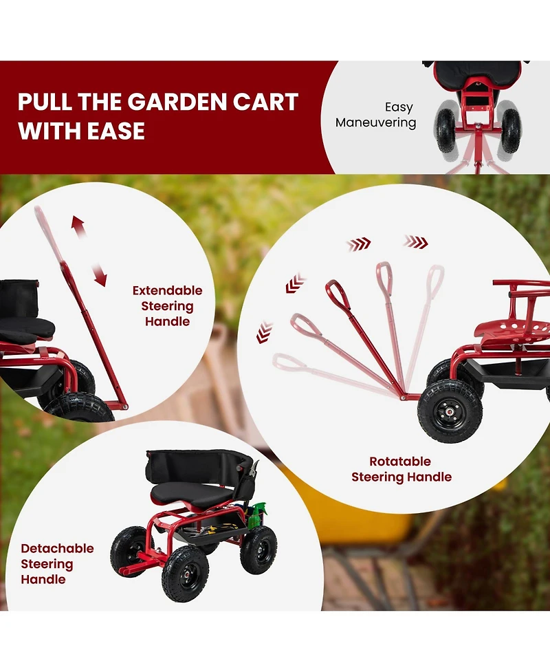 Cushioned Rolling Garden Cart Scooter with Storage Basket and Tool Pouch