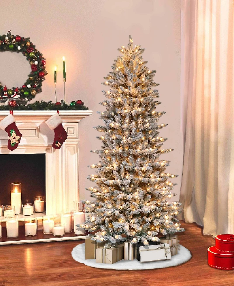 Puleo 6.5FT Pre-Lit Flocked Slim Fraser Fir Artificial Christmas Tree