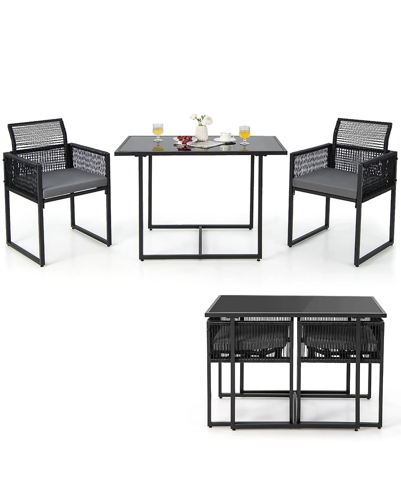 3PCS Patio Pe Wicker Furniture Set Cushioned Chairs with Folding Backrest Backyard