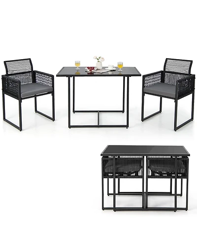 3PCS Patio Pe Wicker Furniture Set Cushioned Chairs with Folding Backrest Backyard