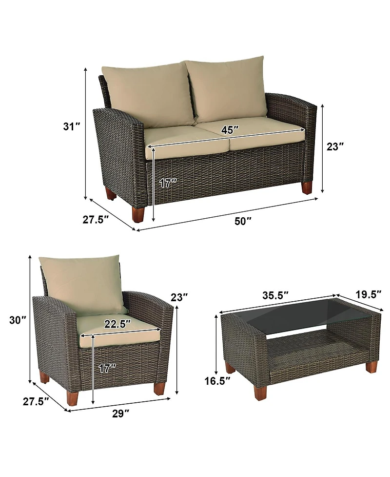 8PCS Patio Rattan Furniture Set Solid Wood Leg Cushioned Sofa Garden Lawn