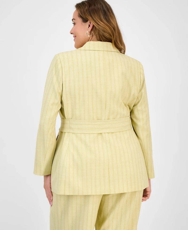 Tahari Asl Plus Pinstriped Notched Collar Belted Jacket