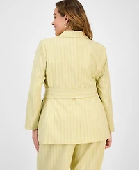 Tahari Asl Plus Pinstriped Notched Collar Belted Jacket