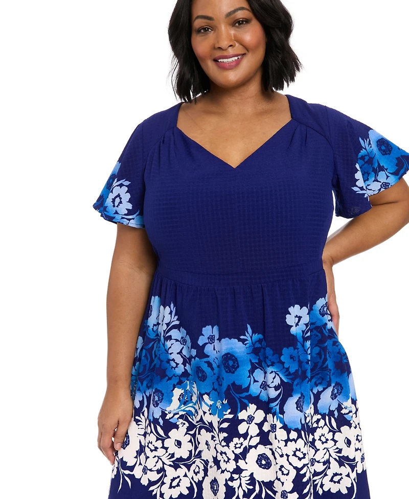 London Times Plus Placed-Floral Flutter-Sleeve Dress