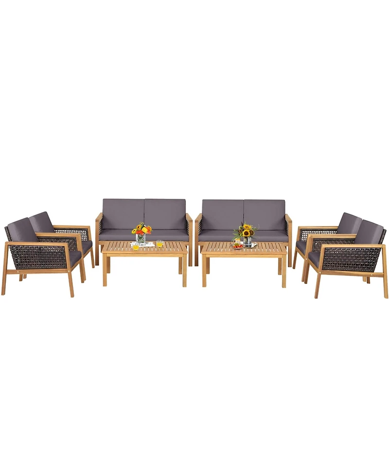 Gymax Piece Patio Pe Rattan Conversation Set Acacia Wood Furniture Set w/ Cushions