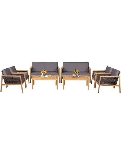 Gymax Piece Patio Pe Rattan Conversation Set Acacia Wood Furniture Set w/ Cushions