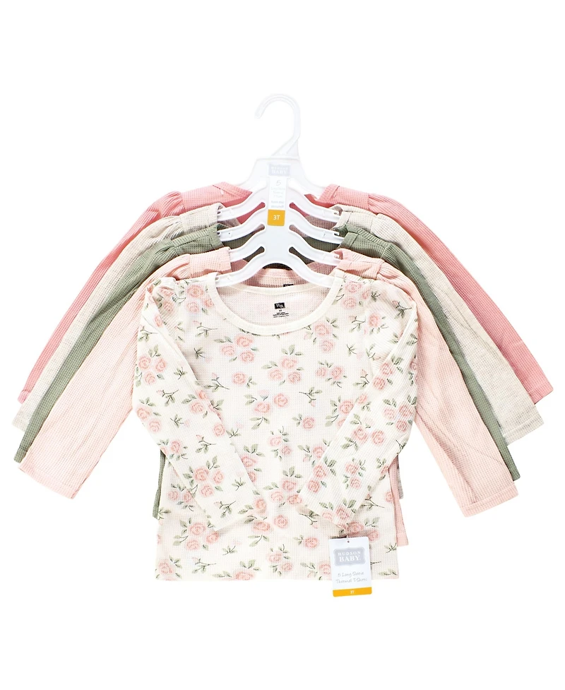 Hudson Baby Girls Thermal Long Sleeve Tees 5pk, Soft Pink Sage Rose, 18-24 Months