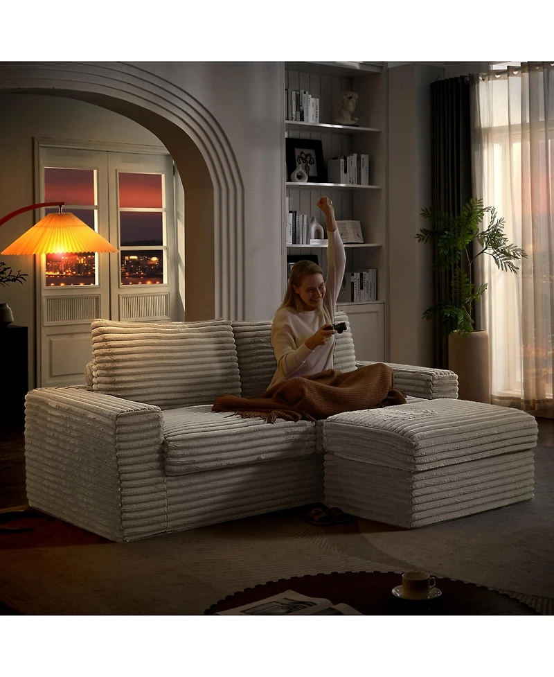 Luxurious Sectional Sofa,Corduroy L-Shaped Couch with Movable Ottoman, Oversized Comfy Couch with Zippered Backrest (Beige)