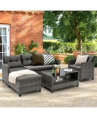 Gymax 4 Piece Rattan Outdoor Conversation Sectional Sofa Set Patio Furniture Set w/ Cushions