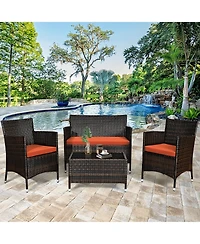 Gymax Set of Outdoor Patio Rattan Conversation Furniture Set w/ Cushion Table
