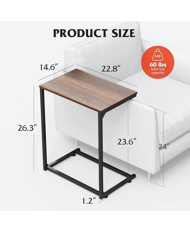 Wlive Wide Snack Side Table, C Shaped End Table for Sofa Couch and Bed, Laptop Table, Work from Home, 26 Inch Tall, Light Brown