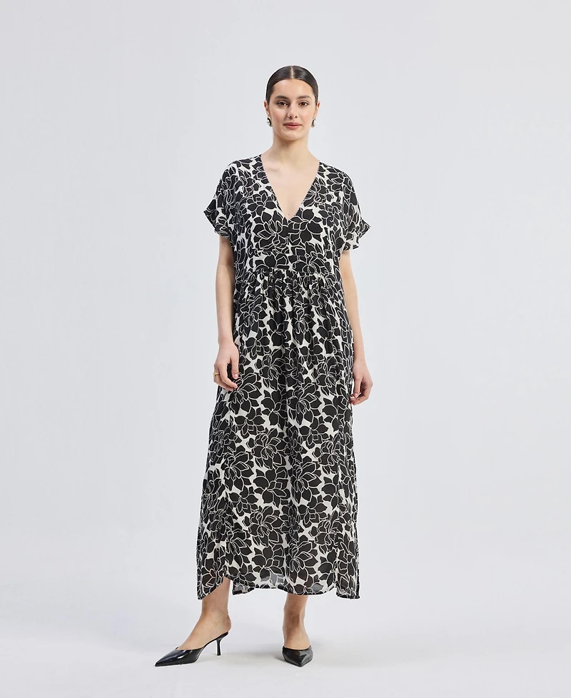 Reistor Women's Deep V-neck Maxi Dress with Front Gathers Black Florals