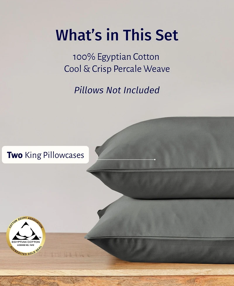 Luxury 100% Egyptian Cotton Pillowcases King Set of 2 - Classic Percale, Soft & Breathable, Fits Pillows
