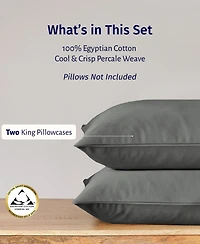 Luxury 100% Egyptian Cotton Pillowcases King Set of 2 - Classic Percale, Soft & Breathable, Fits Pillows