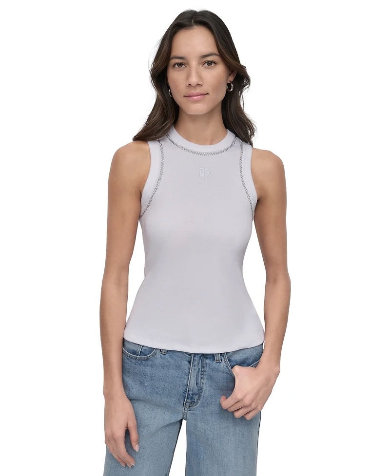 Dkny Jeans Petite Rhinestone-Trim Ribbed Tank Top
