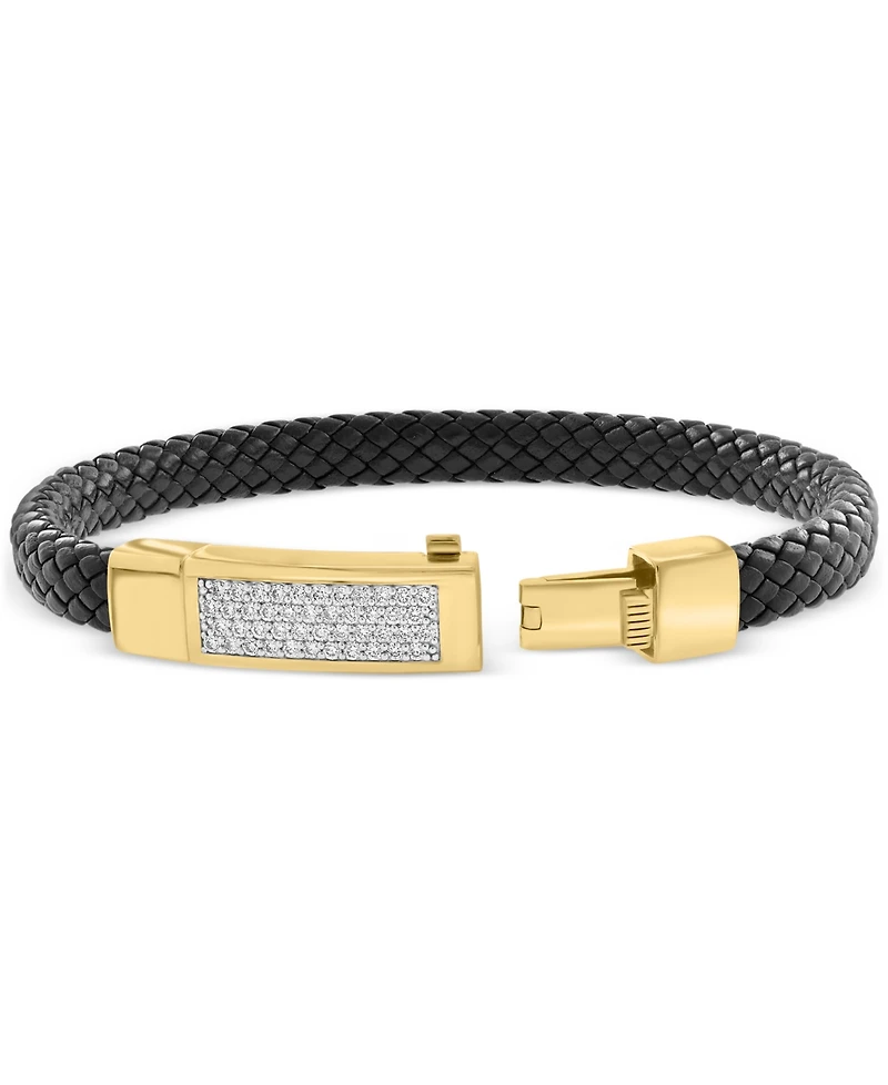 Effy Men's Diamond Pave Woven Black Leather Bracelet (5/8 ct. t.w.) in 18k Gold-Plated Sterling Silver