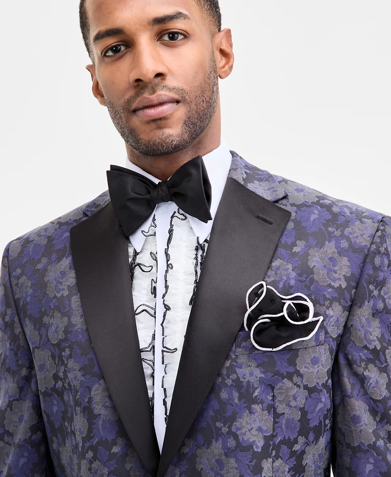 Tayion Collection Men's Classic-Fit Gray & Purple Floral Jacquard Dinner Jacket